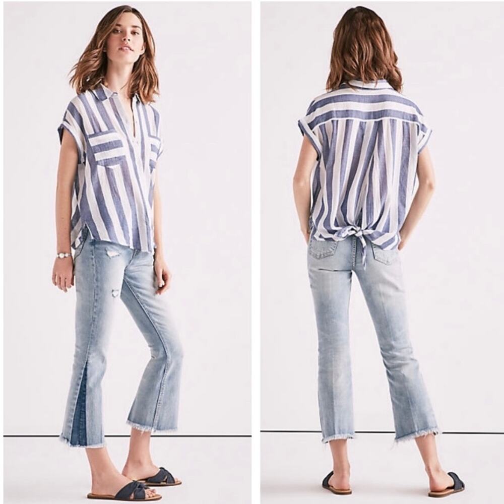 Lucky Brand Striped Tie Back Button Down Short Sleeve Shirt size Small